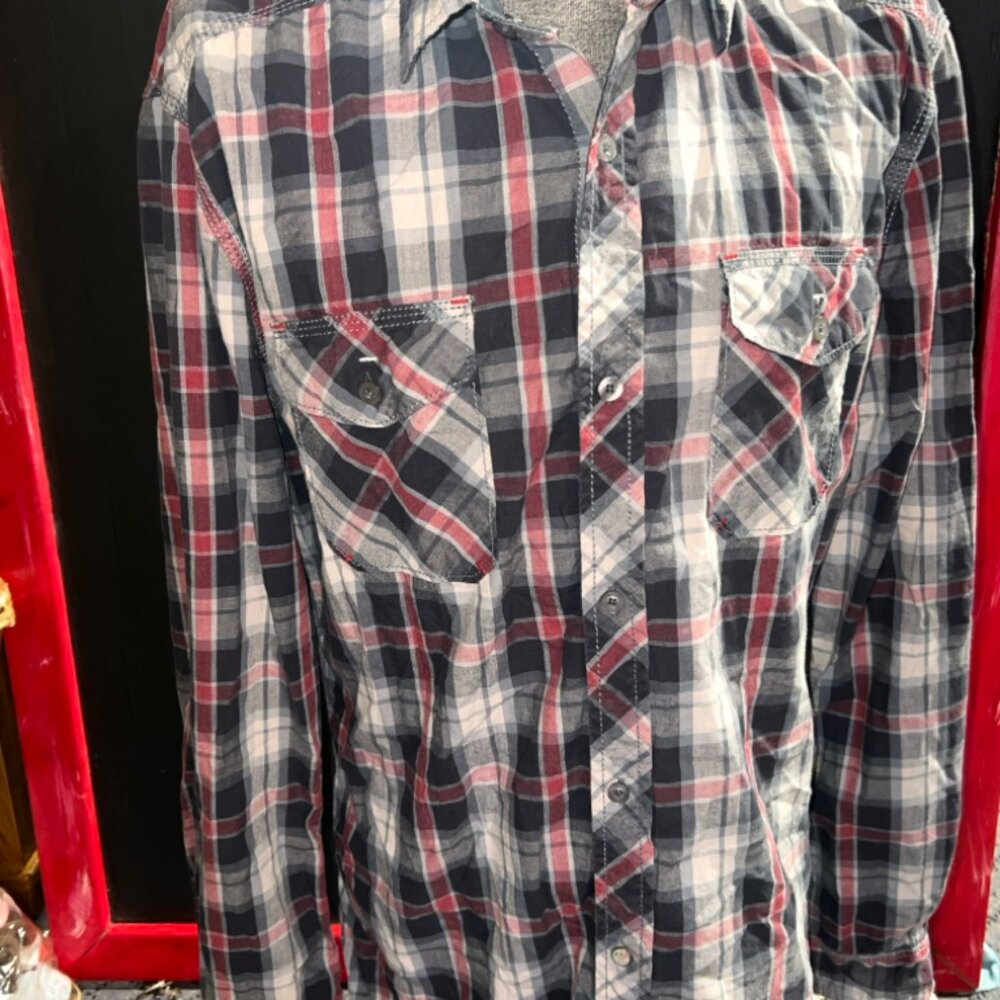 Buffalo David Bitton Men Large Long Sleeve Red‎ Gray Casual Button-Down Shirt